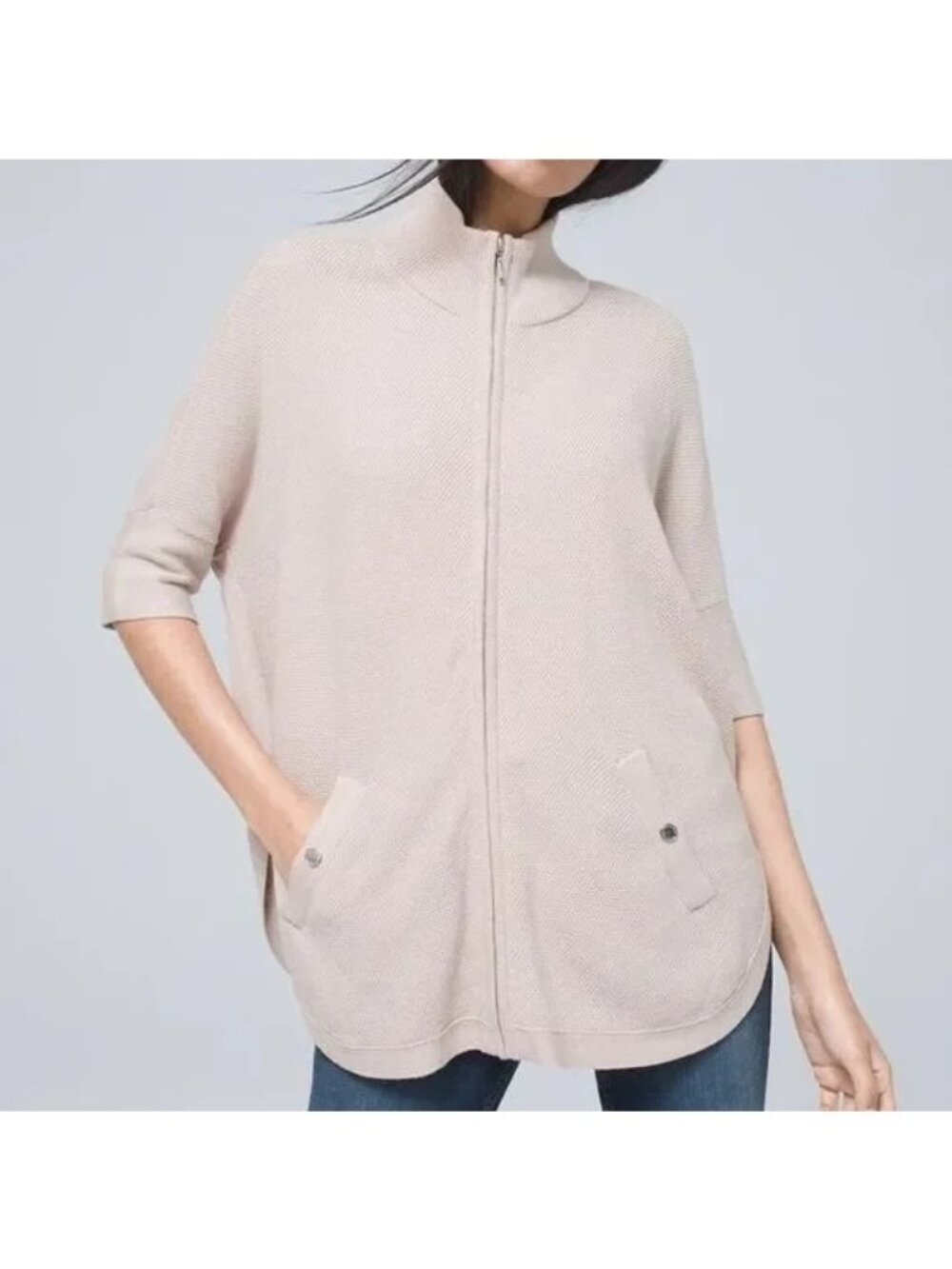 White House Black Market Sweater Medium Heavy Knit Zip Up Loose Fit Beige Cozy